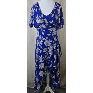 Calvin Klein Floral Maxi Dress Blue Faux Wrap High Low Flutter Sleeve Women’s 14